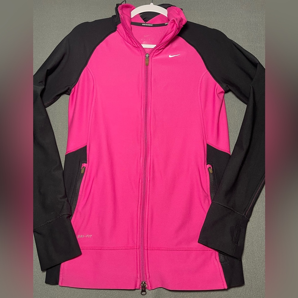 Nike Dri-FIT Running Jacket Women Pink Black Full Zip Thumbholes Athletic